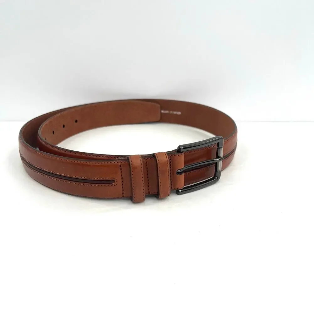 Mezlan men’s leather pewter square buckle cognac belt